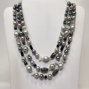 Glass Bead Multi Strand Necklace Silver Black Gray Beads Hook Closure Japan